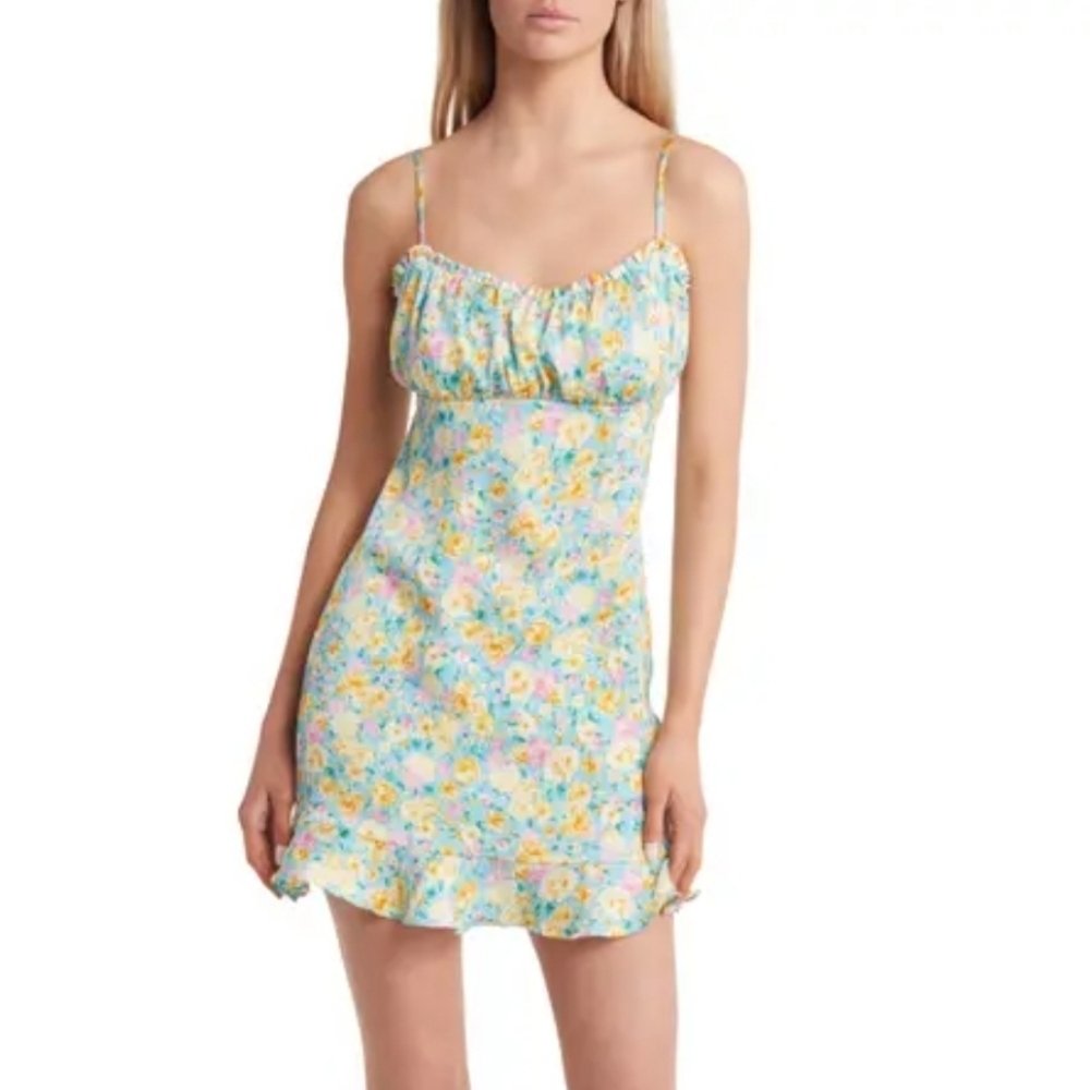NWT All In Favor Turqoise Lemon Floral Cottagecore Mini Dress Size Medium
